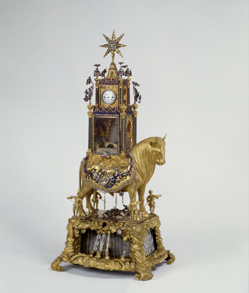 图片[1]-Gold-plated copper cow carrying water method flower clock-China Archive